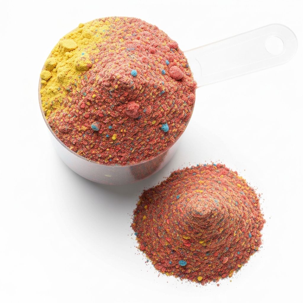 BCAA-Pulver mit Messlöffel in Farbe