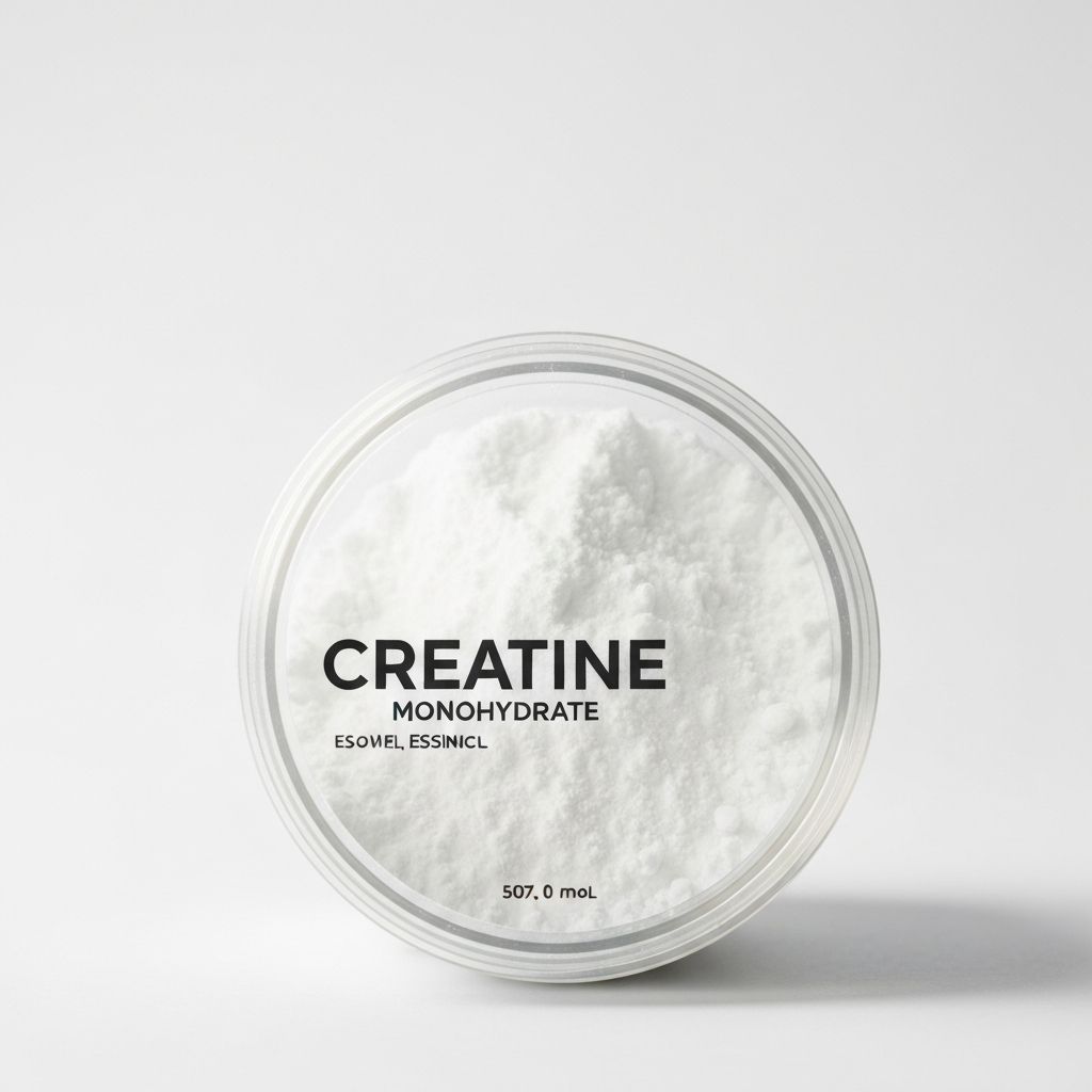 Kreatin-Monohydrat-Pulverbehälter mit weißem Pulver