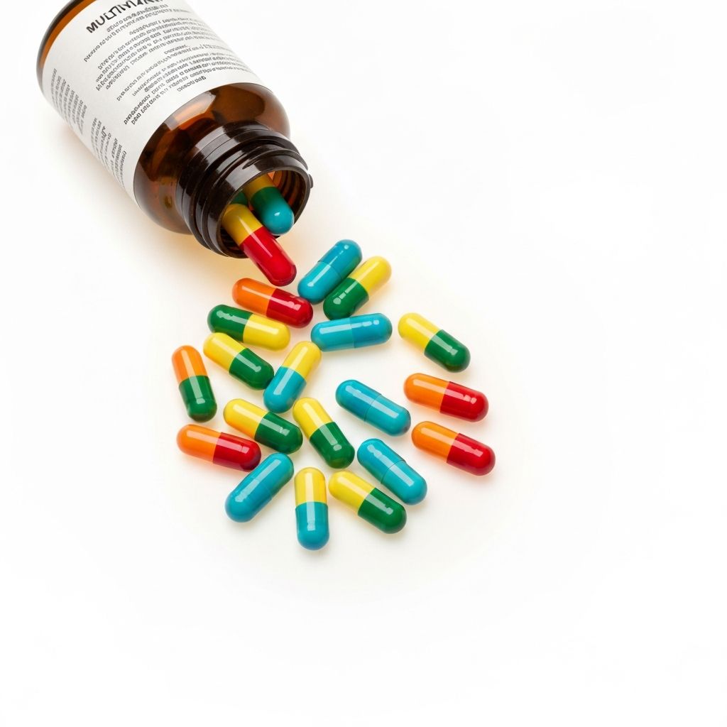 Multivitamin-Flasche mit bunten Kapseln