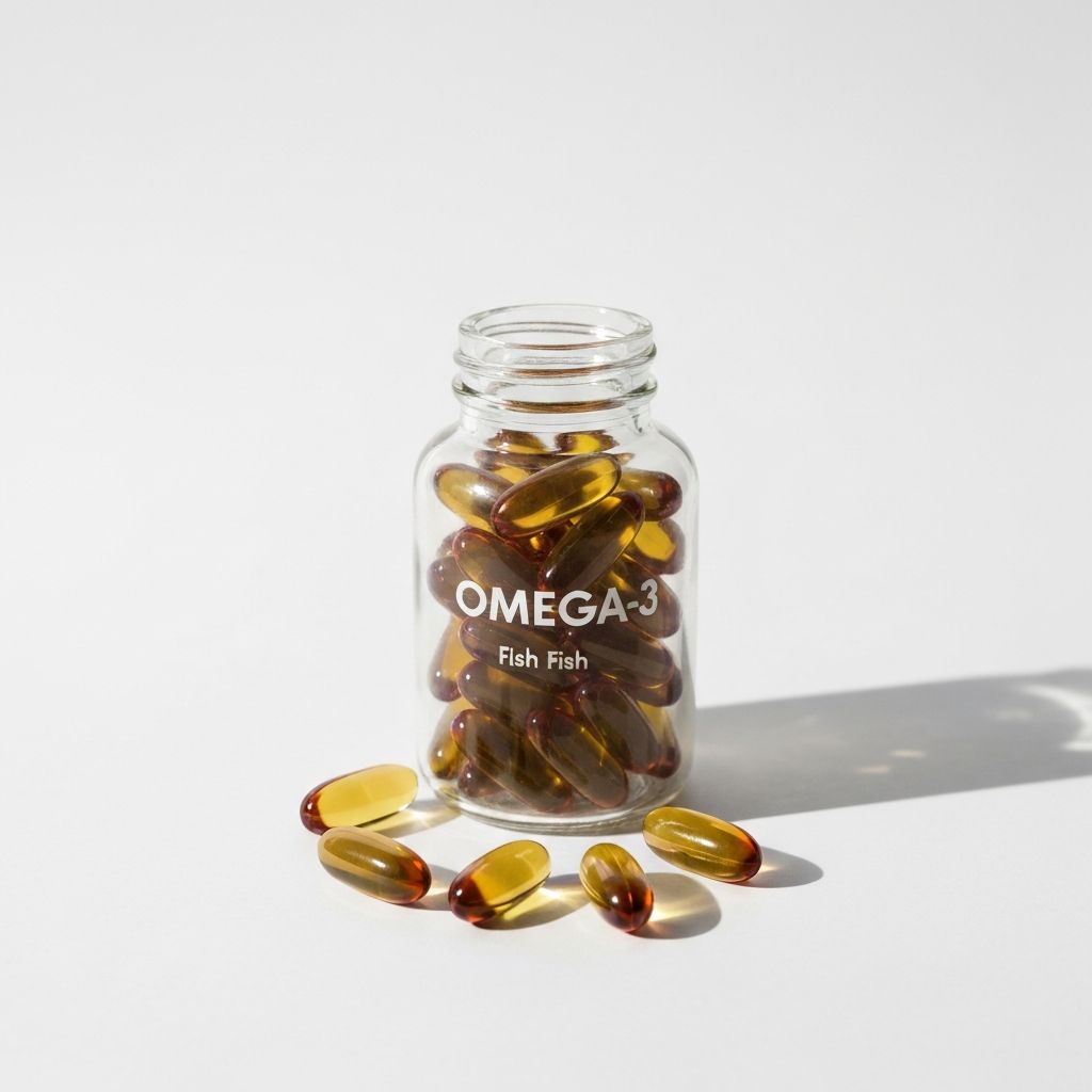 Omega-3 Kapselflasche mit Kapseln angeordnet