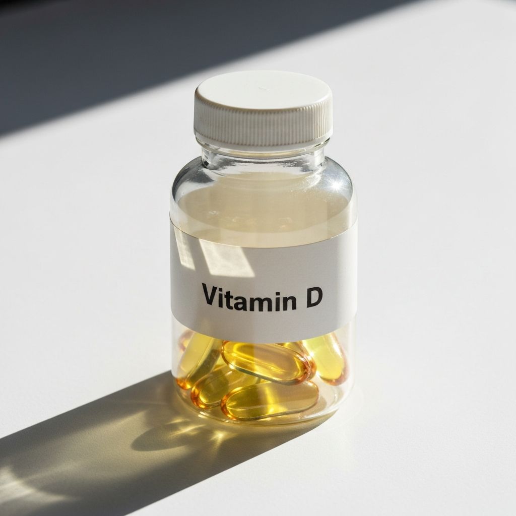 Vitamin-D-Flasche mit Softgels und Sonnenlicht